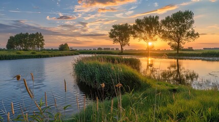 Obraz premium A golden sunset casts warm hues over a winding river in a lush green field. 