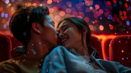 Young romantic loving couple kissing on the red chair in Cinema, relationships and lifestyle concept,bokeh pink heart in cinema,romantic spending time together,Relaxation movie concept.