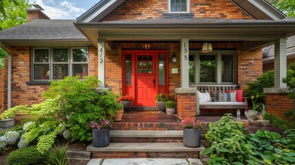 A charming brick house with a quaint front porch and a vibrant red door.