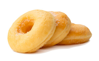 Side view of glazed sugar brown cinnamon donuts in stack isolated with clipping path and shadow in png file format