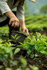 Obraz premium Asian tea farmer preparing soil, getting ready for planting, Generative AI
