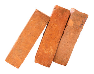 Side view of old orange or red bricks in stack isolated with clipping path in png file format