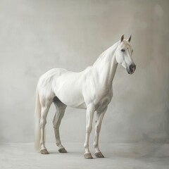 Obraz premium White Horse Standing in Studio Against a Light Grey Background
