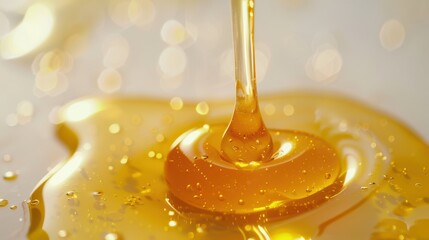 A drop of honey is dripping from a spoon onto a table