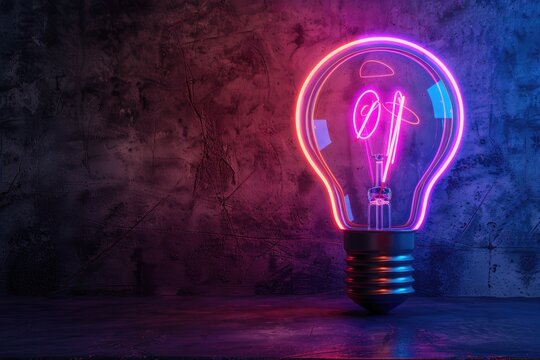 Pink neon glowing light bulb in dark background