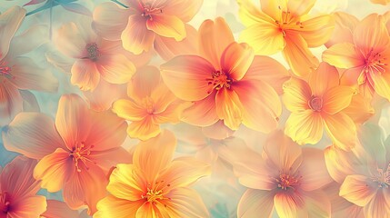 Fototapeta premium A pattern illustration of yellow and orange flowers, soft pastels gentle nature's springtime blossoms