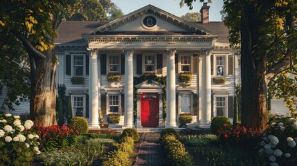 Fototapeta premium A charming, colonial-style house with tall white columns, a classic red door, and a symmetrical garden.