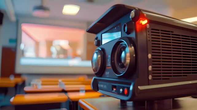 A closeup of a digital projector and screen used for displaying educational slideshows and visuals during lectures and workshops.