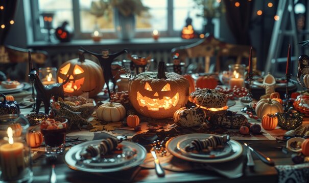 Halloween-themed table with spooky treats and decorations, 31st October