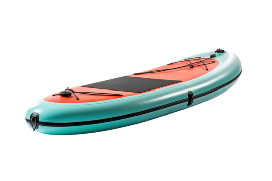 A Turquoise and Orange Inflatable Paddleboard Ready for Adventure on a Clear PNG or White Background.