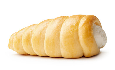 Side view of brown puff pastry cream horn isolated on white background with clipping path
