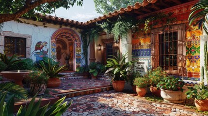 Fototapeta premium A charming, Mexican hacienda with colorful tiles, vibrant murals, and a courtyard filled with lush plants.