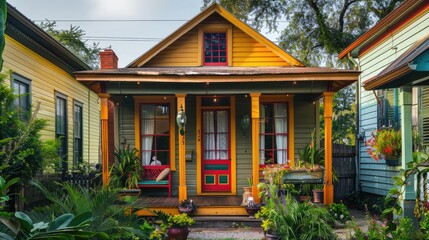 Fototapeta premium A charming, New Orleans shotgun house with a narrow fa? section ade, vibrant colors, and a cozy front porch.
