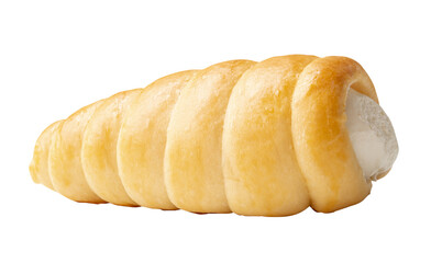 Side view of brown puff pastry cream horn isolated with clipping path in png file format