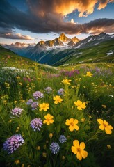 Fototapeta premium scenic alpine meadows mountain streams landscape, adventure, hiking, exploration, wilderness, vacation, travel, destination, discovery, ecology, flora