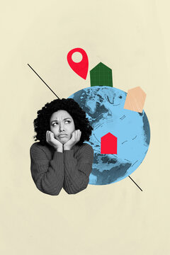 Fototapeta Vertical photo collage of dissatisfied american girl think relocation geometric icon globe summer vacation isolated on painted background