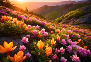 Obraz premium vibrant spring blossoms decorating mountain ridges, blooming, colorful, springtime, mountainous, floral, scenic, decorated, flourishing, ornamental