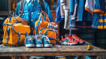 Fototapeta premium School backpacks and children's athletic shoes are neatly arranged on a rustic wooden table for a retail display or back-to-school marketing banner.