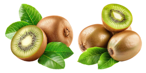 Set of Fresh kiwi fruit with leaves isolated on transparent background