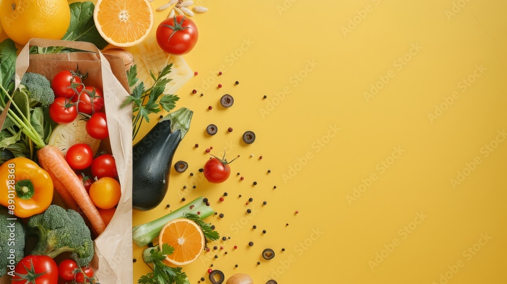 Sticker Top view of fresh vegetables and fruits spread out of a paper bag on a vibrant yellow background. Perfect for healthy eating and organic food concepts, with copy space on the side. AI