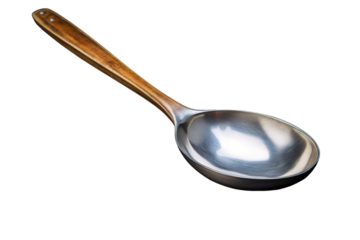 A Polished Stainless Steel Ladle With a Warm Wooden Handle on a Clear PNG or White Background.