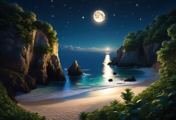 enchanting full moon illuminating secret cove night, beach, ocean, shore, nature, landscape, sky, reflection, water, atmosphere, scenery, horizon, bay