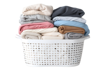 A Stack of Freshly Washed Clothes Awaits Folding in a White Laundry Basket on a Clear PNG or White Background.