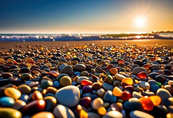 Obraz premium warm sunlight illuminating pebbles beach shoreline, bright, glowing, shining, glistening, glare, beaming, sparkling, glinting, shimmering, sunlit, coastline, rocky