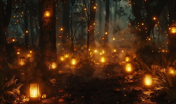Mysterious forest clearing with glowing lanterns, 31st October