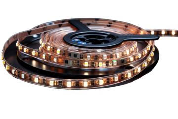 A Close-Up of LED Strip Lighting Coiled and Ready for Installation on a Clear PNG or White Background.