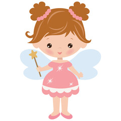 Cute fairy girl with magic wand vector cartoon illustration