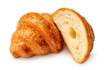 Single brown croissant with half in stack isolated on white background with clipping path
