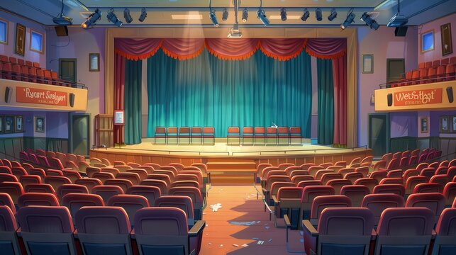  school auditorium with seats dusted, stage swept, and curtains laundered, prepped for assemblies and performances throughout the new school year.