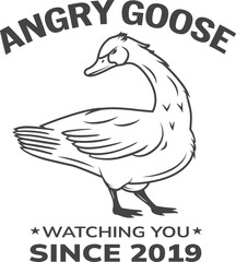 Angry goose vector logo for sport team, apparel, badge, merchandise emblem. Disheveled goose silhouette with its neck thrown back, looking intently at you, preparing to attack. Vintage poultry logo.