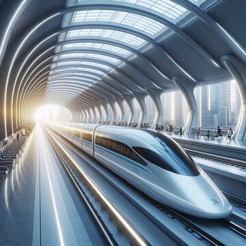 A swift hyperloop train glides through a contemporary, streamlined station. AI generated.