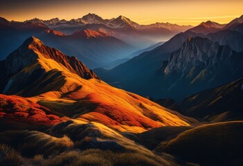 Obraz premium majestic sunrise illuminating ancient mountain range peaks golden light, landscape, scenic, nature, beauty, sunlight, morning, dawn, horizon, silhouette