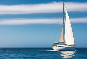 Fototapeta premium tranquil scene single sailboat sailing peaceful ocean waters under clear sky, sea, vessel, horizon, blue, waves, reflection, nature, scenic, beauty, idyllic,