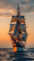 Obraz premium Classic tall ship sailing at sunset with dramatic sky