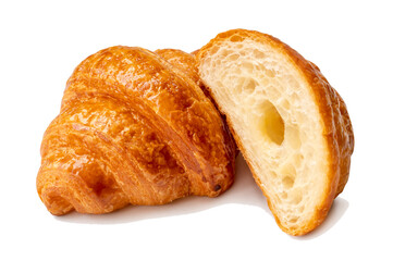 Single brown croissant with half in stack isolated with clipping path and shadow in png file format