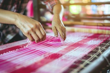 Asian weaver dyeing threads, preparing for weaving, Generative AI