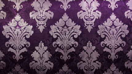 A pattern of sophisticated damask in deep purple and silver with a subtle ombre effect