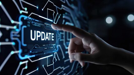 person hand touching holographic screen displaying Update on circuit patterns background, software update concept, futuristic technology interface