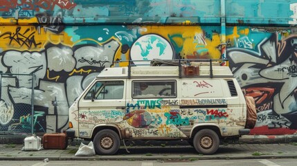 a camper van in front of an urban wall with vibrant progressive and modern graffiti related to...