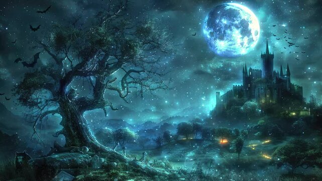 Graveyard cemetery to castle In Spooky scary dark Night full moon and bats on dead tree, 4k animation video looping
