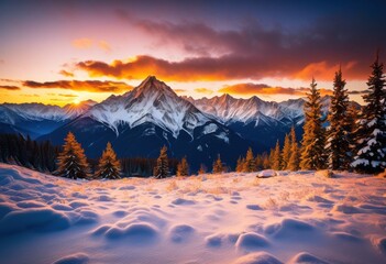 majestic sunset casting warm glow over snowy mountain peaks, landscape, scenic, dusk, capped, sunlight, orange, sky, view, tranquil, serene, winter, nature