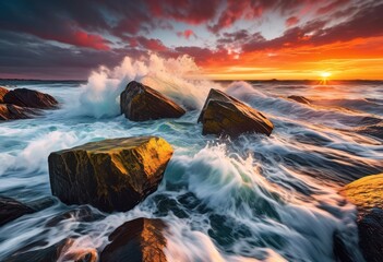 Fototapeta premium powerful ocean waves crashing shoreline, water, beach, foam, motion, nature, coastal, sea, splash, surf, tide, spray, erosion, aquatic, force, impact