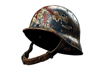 Obraz premium Vintage military helmet, distressed steel combat headgear with rust patina, WWII soldier helmet for history design isolated on Transparent Background