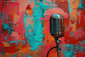 Vintage microphone against a colorful painted canvas backdrop