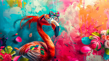 Pink flamingo wearing colorful bow tie and glasses posing on abstract background