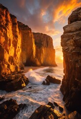 Fototapeta premium golden sunrise light rocky cliffs, illuminated, sunbeam, morning, mountains, glowing, sunlight, bright, boulders, horizon, nature, landscape, outdoor